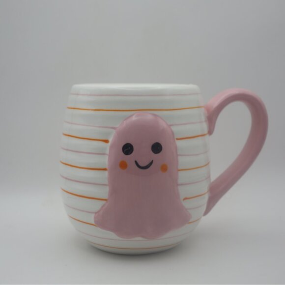 Lang Halloween Pink Ghost With Stripes Ceramic 16oz Mug: Pink, Orange and White - Picture 2 of 9